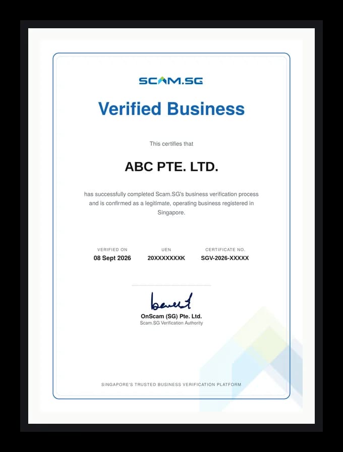 Certificate of Verified Business, sample