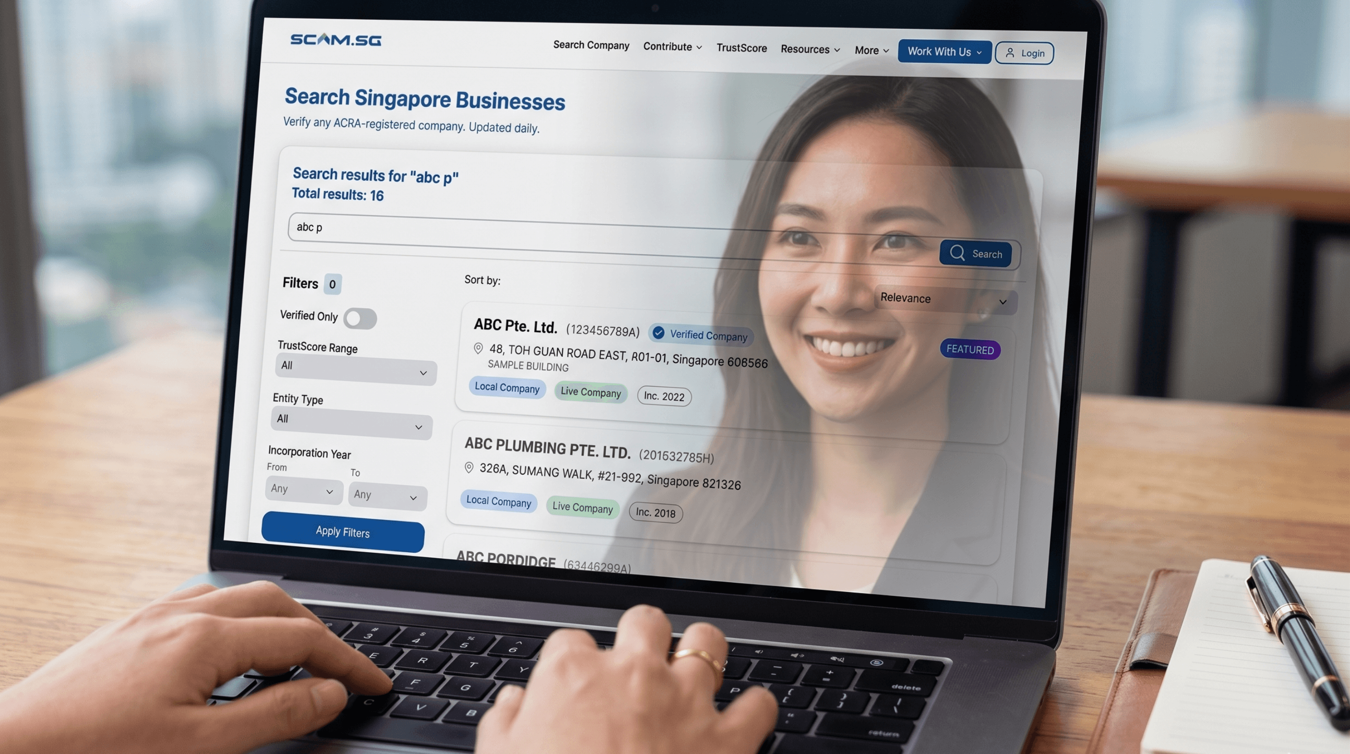 Business profile with verified badge displayed prominently in search results.